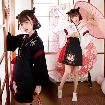 Öğrenciler Cosplay Parti 2 Parça Set Japon Elbise Kimono Kadın Karikatür Sevimli Kedi Etekler Vintage Uzun Kollu Üst Takım Animasyon
