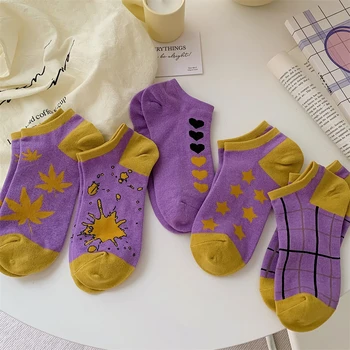 Kore Moda Sevimli Mor Çorap Kadın Kawaii Yıldız Kalp Tasarımcı Çorap İlkbahar ve Sonbahar Pamuk Ayak Bileği Çorap Ekose komik çoraplar