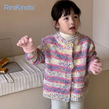 Çocuk Triko Bebek Kız Sonbahar Kış O-Boyun Örme Kazak Elbise 2023 Sonbahar Çocuk Kız Renk Şerit Hırka Ceket