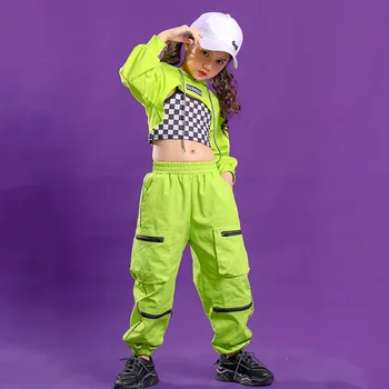 Kızlar kısa kapşonlu üst Hip Hop Kargo Pantolon Damalı Tank Top 3 Adet Setleri Çocuklar Streetwear Kıyafet Çocuk Ekose Caz Sokak Dans Elbise