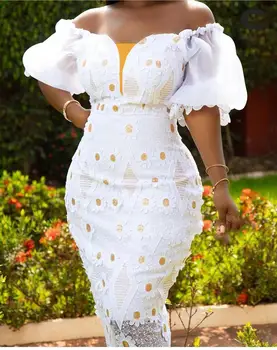 Zarif Afrika Elbiseler Kadınlar için Puf Kollu Kapalı Omuz Akşam Dantel Düğün Parti uzun elbise S-3XL