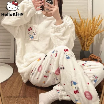 Sanrio Hello Kitty Kış Mercan Kadife Pijama Kore Kolej Tarzı Gevşek Peluş Kalınlaşmış Ev Seti Y2k günlük kıyafetler Kadınlar İçin