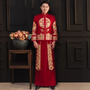Erkekler Kırmızı Ejderha Nakış Evlilik Cheongsam Zarif Çin Mandarin Yaka gelinlik Свадебное платье