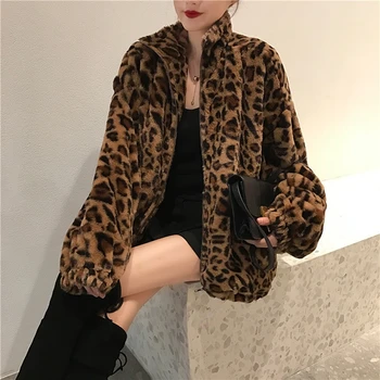 Kadınlar Vintage Leopar Standı Yaka Fermuar Dış Giyim 2023 Kış Ceket Bayan Gevşek büyük boy Bulanık Palto Kadın Casual Streetwear