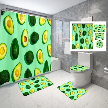 Avokado Duş perde seti Sevimli Yeşil Meyve Tema 4 Adet Banyo Kaymaz Banyo Paspas Su Geçirmez Duş Perdesi Tuvalet yatak örtüsü seti