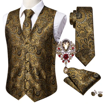 5 ADET Tasarımcı Erkek Düğün Takım Elbise Yelek Altın Çiçek Jakarlı Folral İpek Yelek Kravat Broş Yelek Seti Barry.Wang Damat