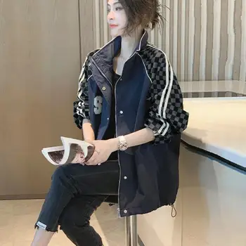 Bahar Sonbahar Patchwork Trençkot Kadın Kazak Streetwear Uzun Kollu Ceketler Kore Moda Ceket Gevşek Rahat Mont