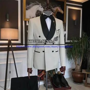 Vintage Düğün Takımları Slim Fit Siyah Yaka Blazer Hombre Kruvaze Ceket + Pantolon 2 Parça Erkek Smokin Kostüm Homme De Luxe