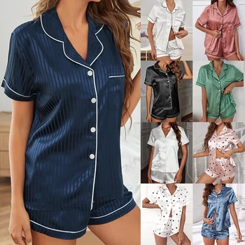 Iki Set Taklit İpek Pijama Ev Giysileri Turn-aşağı Yaka Pijama Femme Dökün İç Çamaşırı Düğmesi T-shirt Elastik Bel Şort