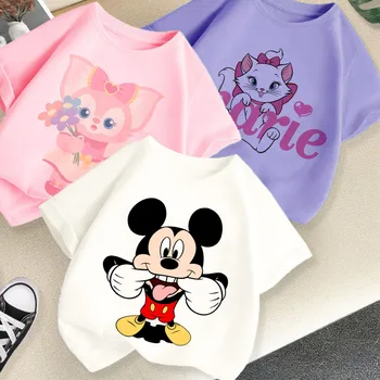 Çocuk Üstleri Kawaii Baskı Disney Yaz Yeni Ürünler Beyaz Kızlar Tees Mickey Mouse Moda Açık LinaBell Desen T-Shirt