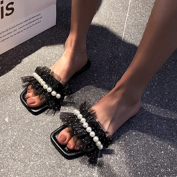 Lüks İnci Dantel Dekorasyon Kare Ayak Terlik Kadın Rahat düz ayakkabı 2023 Moda Moda Ziyafet Elbise Ayakkabı Kadınlar için Ayakkabı