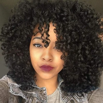 14 inç Afro Kinky Kıvırcık Peruk Siyah Kadınlar için Kinky Kıvırcık kahküllü peruk Doğal Siyah Saç Sentetik İsıya Dayanıklı Tam Peruk