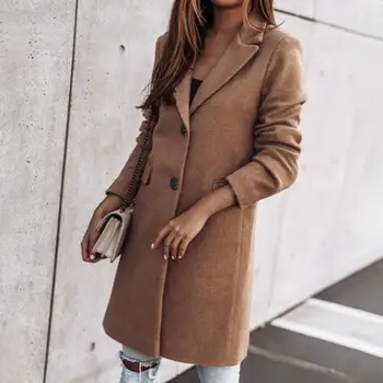 Uzun Kollu İki Düğme Kadın Ceket Sonbahar Kış Flap Cepler Yaka Uzun Sıcak Yün Ceket Bayan Giyim