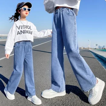 2023 Yeni Bahar Kız Kot Katı Harfler Desen Çocuk Kot Rahat Tarzı Çocuk Geniş Bacak Sonbahar Pantolon Yaz giyim Pantolon