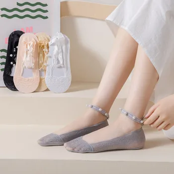 Moda İçi Boş Dantel Tekne Çorap Bantları Kadın Taklit İnciler Nefes Kısa Çorap Yaz Görünmez Çorap Aksesuarları