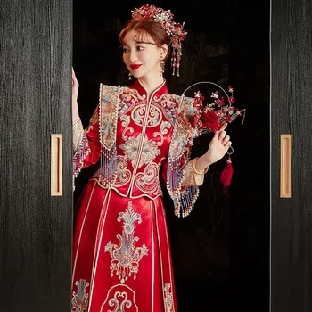 Gelin Geleneksel Kostüm Çin Tarzı Sequins Boncuk Püsküller düğün elbisesi Töreni Tost Giyim