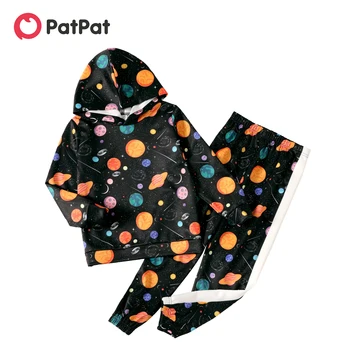 PatPat 2 parçalı Çocuk Çocuk Uzay Gezegen baskılı kapüşonlu svetşört Sweatshirt ve Lastikli Pantolon Seti