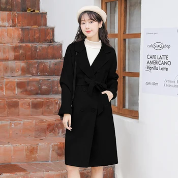 Kış Vintage Zarif Sıcak Uzun Palto Kadınlar Gevşek Rahat Kruvaze Bayan Siper Kore Ofis Tarzı Siyah Dış Giyim Yeni