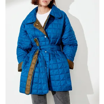 Yaka Çift Taraflı Ceket Sonbahar / Kış Moda Yeni Gevşek Versiyonu Kemer Kare Izgara Orta Uzunlukta Zarif İki Tonlu Ceket