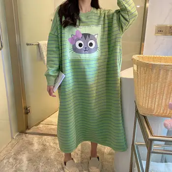 O-Boyun Uzun Kollu Rahat Elbise Kadın Yumuşak Büyük Boy Pijama Gecelik Uyku Pamuk Uyku Gömlek Gece Uyku Salonu