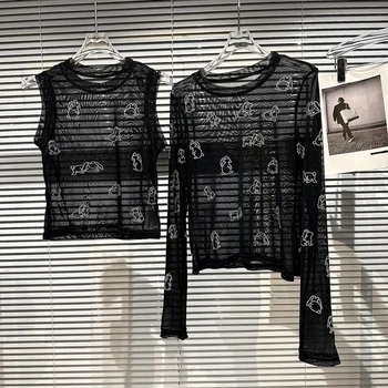 2023 Yaz Yeni moda üst giyim Niş Taklidi Desen Saydam Örgü Seksi Fanila kadın Siyah kısa tişört