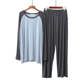 Uzun Kollu Bahar Pijama Erkekler Modal 2 adet Pijama Gecelik Patchwork Samimi Iç Çamaşırı Gömlek ve pantolon Ev Giyim bornoz