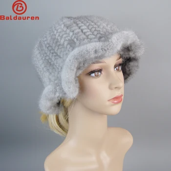 Yeni Kadın Kış Lüks Örme Gerçek Vizon Kürk Bombacı Şapka Doğal Sıcak Samur Kürk Kap Kızlar Kaliteli Yumuşak 100 % Hakiki Vizon Kürk Şapka