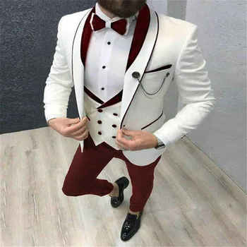 2023 Erkek Takım Elbise Moda Resmi İş Slim Fit 3 Adet Beyaz Blazers Bordo Pantolon erkek Smokin Düğün Erkek Takım Elbise Damat Takım Elbise