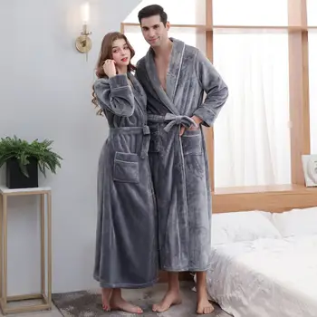 Erkekler Lüks Kış Süper Uzun Kalın Sıcak Cep Flanel Bornoz Artı Boyutu Polar Kimono bornoz Çift Gece Sabahlık