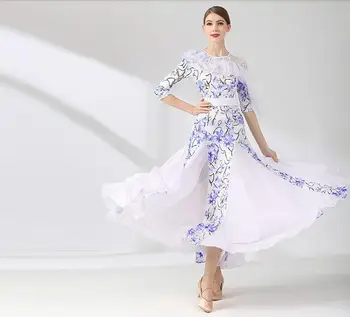 Yeni Cheapstandard balo salonu elbise vals elbise kadın rekabet tango elbise pratice beyaz mavi çiçek baskı 2118