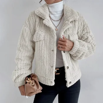 Peluş Ceket Kadınlar İçin Sonbahar Kış Hırka Yaka Gömlek Artı Kadife Rahat Rahat Kalın Peluş Uzun Kollu Ceket