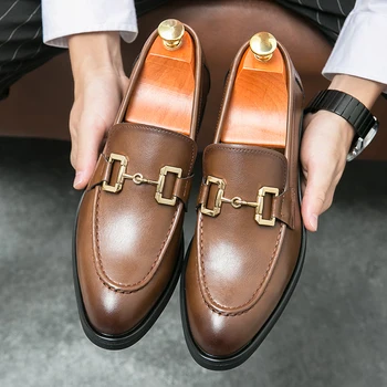 Yeni Kahverengi Erkek Elbise Ayakkabı Siyah Loafer'lar Yuvarlak Ayak Slip-On İlkbahar / Sonbahar Resmi Düğün Ayakkabı Erkekler için Boyutu 38-46
