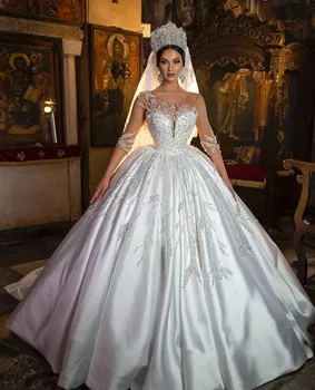 Retro Lüks Saten Boncuk Prenses düğün elbisesi Illusion Kollu Scoop Lace Up Geri Gelin Elbise Custom Made Vestido De Novia