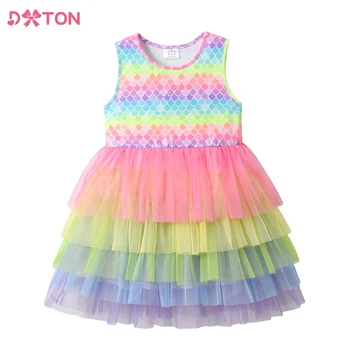 DXTON Çocuklar Mermaid Baskı Renkli Elbise Kız Katmanlı Tül Örgü Prenses Doğum Günü Partisi Balo elbisesi Çocuk Giyim Yaz için