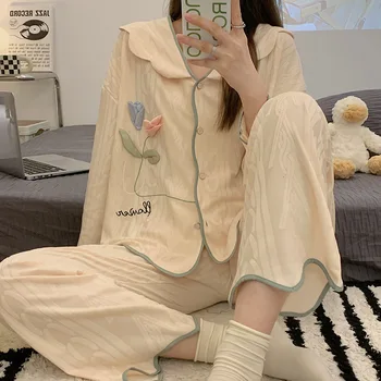 Fdfklak Pamuklu Pijama kadın İlkbahar Sonbahar Uzun Kollu Ev Hizmeti Gevşek günlük giysi 2022 Yeni 2 Parça Salonu