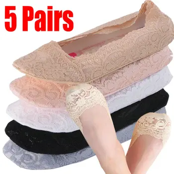 5 Pairs 5 renkler Moda Kadın Kızlar Yaz Çorap Tarzı Dantel Çiçek Kısa Çorap Antiskid Görünmez Ayak Bileği Çorap Yeni