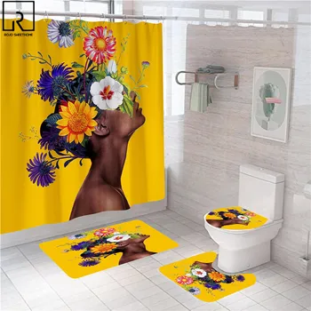 Sanat Siyah Kadın Çiçekler Duş Perdesi Dekoratif Kumaş banyo perdesi mat seti Yumuşak Tuvalet Halı Modern Banyo Aksesuarı Ev