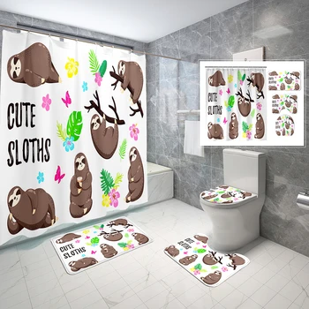 4 ADET Karikatür Tembellik Duş Perde setleri, Sevimli Tembellik Çocuklar Banyo Su Geçirmez banyo perdesi, Kaymaz Banyo Paspas Tuvalet yatak örtüsü seti