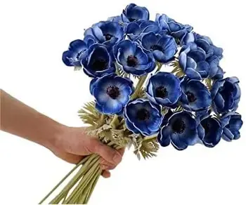 7 adet Yapay Anemon Tam Çiçek Açan Çiçek Çalılar Yeşil Yeşillik Ev, Restoran, Ofis ve Düğün Dekor (Mavi)