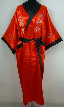 Kırmızı-Siyah İki yüz Çinli kadın Elbise Mujeres Pijama Geri Dönüşümlü İpek Saten Kimono Nakış Elbise Ejderha Bir Boyut S0004