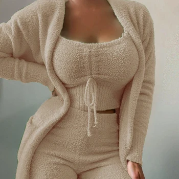 2022 Yeni Sonbahar Kış kadın Kadife Pijama Seti Kırpma Üst + Uzun Pantolon + Ceket 3 Parça Takım Elbise Sıcak Yumuşak Polar Gecelik Pijama S-3XL