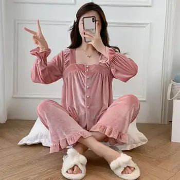 2 ADET Pijama Takım Elbise Uzun Kollu Kare Yaka Uyku Seti İnci Düğme Kadın Samimi İç Çamaşırı Rahat Gecelik Rahat Pijama
