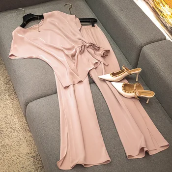 Mizaç Yumuşak Sinek Sinek Kollu Geniş Bacak Pantolon moda elbise Kadın Yaz 2023 Yeni Resmi Ofis Bayanlar Basit 2 Parça Set İnce