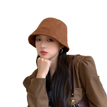 Kore Sonbahar Kış Kalınlaşmış Süet balıkçı şapkası Kişilik Yoksunluk Kova Şapka Düz Renk Çok Yönlü Şapka Kadın Japon