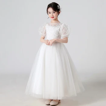 5-16Y Çiçek Kız Beyaz Dantel uzun elbise Prenses Parti Pageant Örgün Balo Çocuk Abiye 2022 Lüks Doğum Günü Düğün