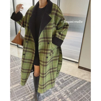 2023 Kadın Oem Ekose Yün Tüvit Kürk Oyuncak Geri Dönüşümlü Blazers Uzun Ceketler Coats Giyim Kore moda üst giyim Kış Siper Yeni