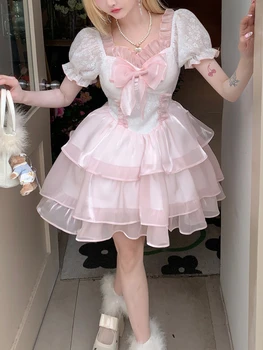 Yaz Pembe Lolita Kawaii Elbise Kadın Yay Dantel Peri Mini Elbise Kadın Rahat Kore Moda Zarif Prenses Elbise 2023 Yeni