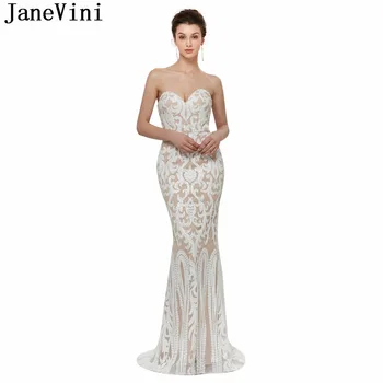 JaneVini 2018 Sparkly Payetli gelinlik modelleri Düğün ıçin Sevgiliye Kolsuz Sweep Tren Mermaid Örgün Uzun Balo Abiye