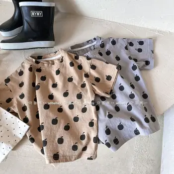 2023 Yaz Yeni Çocuk Pamuklu T Shirt Sevimli Elma Baskı Bebek Kısa Kollu T Gömlek Moda Kız T Shirt Erkek Tee Dip Tops