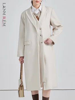 LANMREM Katı Patchwork Trençkot Kadın Yaka Tek Göğüslü Uzun Kollu Gevşek Palto Kadın Giyim 2023 Yeni 2YA933